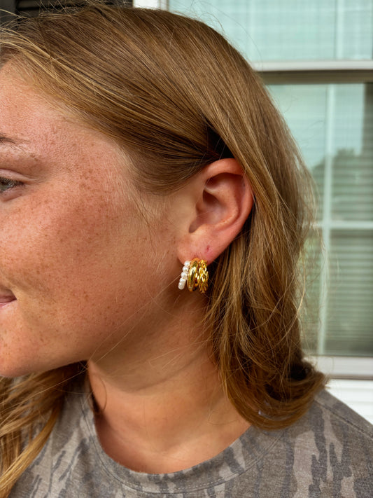 Triple Pearl Hoop Earrings
